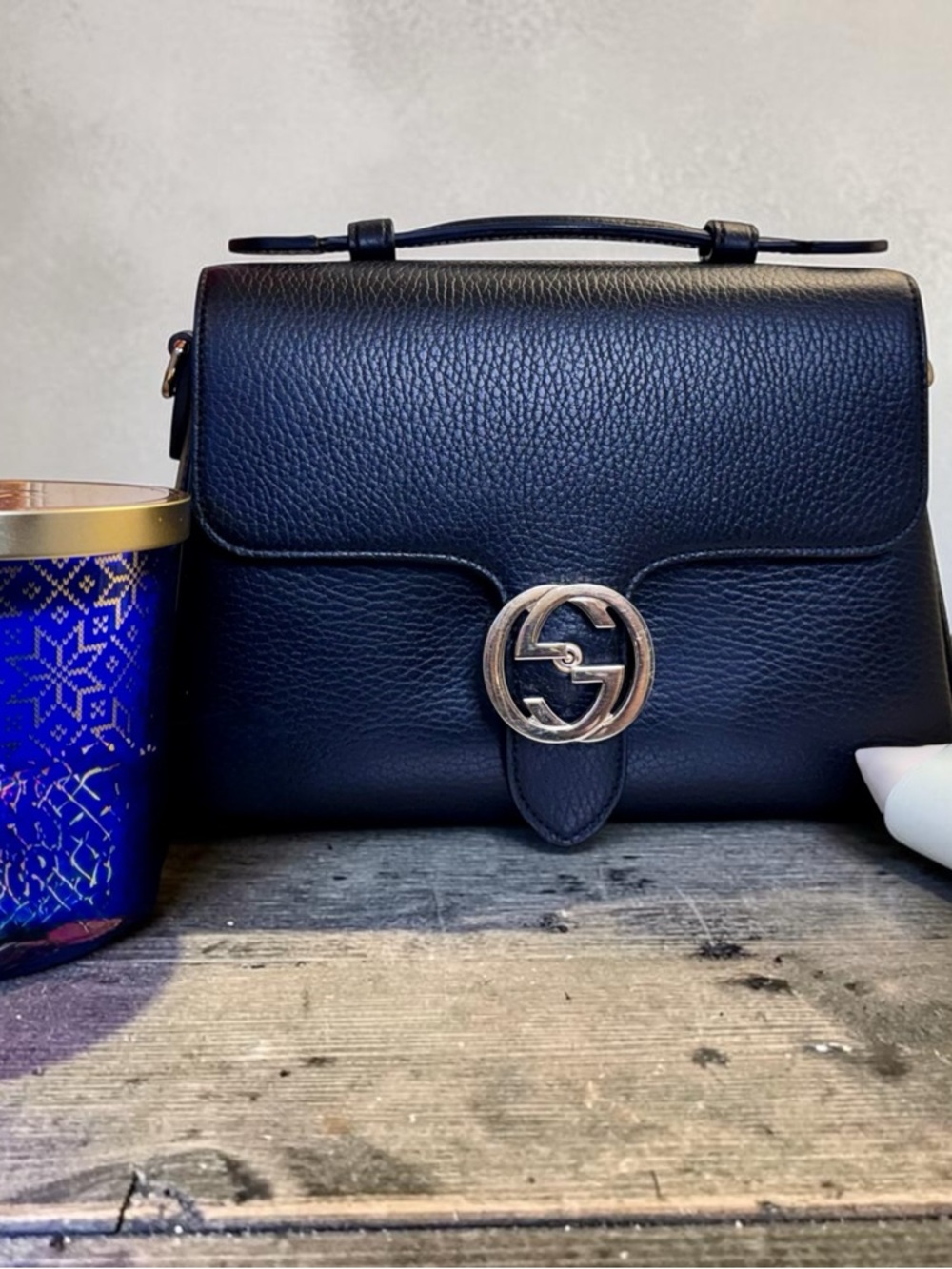 Classic Black Interlocking G Top Handle in Prestine Condition